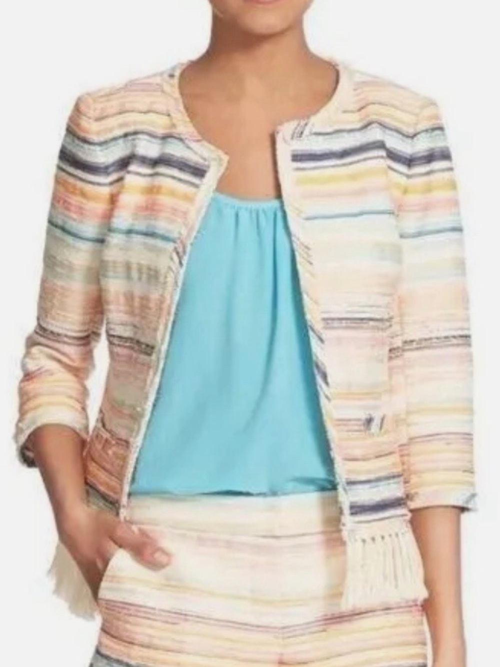 Trina Turk Nani Jacquard Sandscspe Striped Cropped Blazer